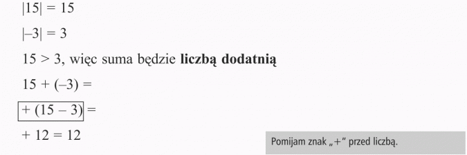 Dodawanie liczb całkowitych. Suma będzie liczbą dodatnią. Pomijam znak + przed liczbą.