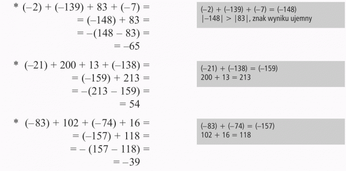 Dodawanie liczb całkowitych. Znak wyniku ujemny.