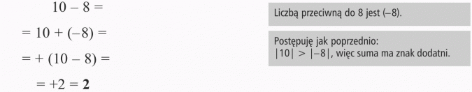 Odejmowanie liczb całkowitych. Liczbą przeciwną do 8 jest (-8). Postępuję jak poprzednio. Suma ma znak doadtni.