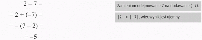 Odejmowanie liczb całkowitych. Zamieniam odejmowanie 7 na dodawanie (-7). Wynik jest ujemny.
