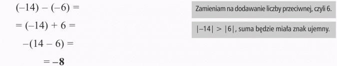 Odejmowanie liczb całkowitych. Zamieniam na dodawanie liczby przeciwnej, czyli 6. Suma będzie miała znak ujemny.