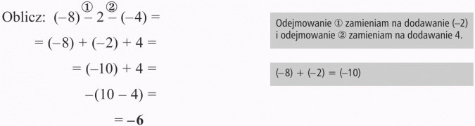 Odejmowanie liczb całkowitych. Odejmowanie 1 zamieniam na dodawanie (-2) i odejmowanie 2 zamieniam na dodawanie 4.