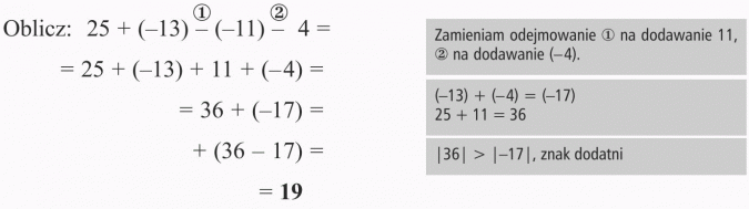 Odejmowanie liczb całkowitych. Zamieniam odejmowanie 1 na dodawanie 11, 2 na dodawanie (-4). Znak dodatni.