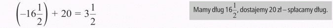 Dodawanie liczb ujemnych. Mamy dług 16 1/2, dostajemy 20 zł - spłacamy dług.