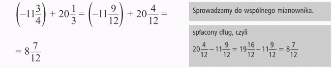 Dodawanie liczb ujemnych. Sprowadzamy do wspólnego mianownika. Spłacony dług.
