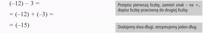Odejmowanie liczb ujemnych. Przepisz pierwszą liczbę, zamień znak - na +, dopisz liczbę przeciwną do drugiej liczby. Dodajemy dwa długi, otrzymujemy jeden dług.