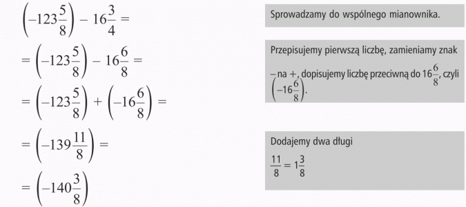 Odejmowanie liczb ujemnych. Sprowadzamy do wspólnego mianownika. Przepisujemy pierwszą liczbę, zamieniamy znak - na +, dopisujemy liczbę przeciwną do 16 6/8. Dodajemy dwa długi.