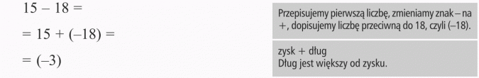 Odejmowanie liczb ujemnych. Przepisujemy pierwszą liczbę, zmieniamy znak - na +, dopisujemy liczbę przeciwną do 18, czyli (-18). Zysk + dług. Dług jest większy od zysku.