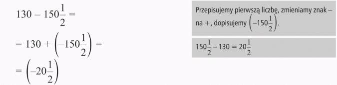 Odejmowanie liczb ujemnych. Przepisujemy pierwszą liczbę, zmieniamy znak - na +, dopisujemy (-150 1/2).