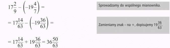 Odejmowanie liczb ujemnych. Sprowadzamy do wspólnego mianownika. Zamieniamy znak - na +, dopisujemy 19 36/63.
