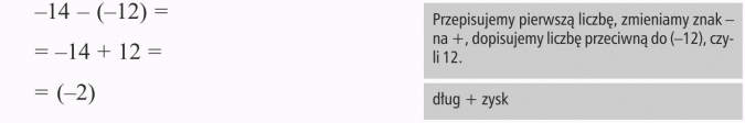 Odejmowanie liczb ujemnych. Przepisujemy pierwszą liczbę, zmieniamy znak - na +, dopisujemy liczbę przeciwną do (-12), czyli 12. Dług + zysk.