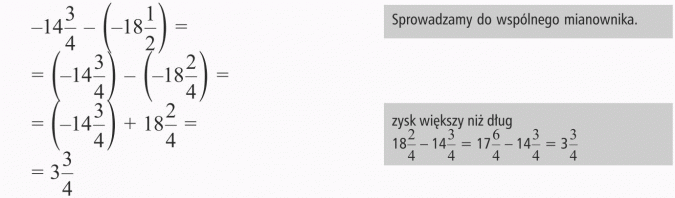 Odejmowanie liczb ujemnych. Sprowadzamy do wspólnego mianownika. Zysk większy niż dług.