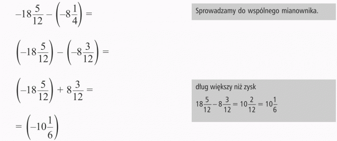 Odejmowanie liczb ujemnych. Sprowadzamy do wspólnego mianownika. Dług większy niż zysk.