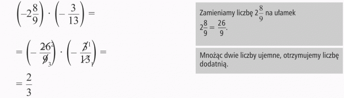 Mnożenie liczb ujemnych. Zamieniamy liczbę 2 8/9 na ułamek. Mnożąc dwie liczby ujemne, otrzymujemy liczbę dodatnią.