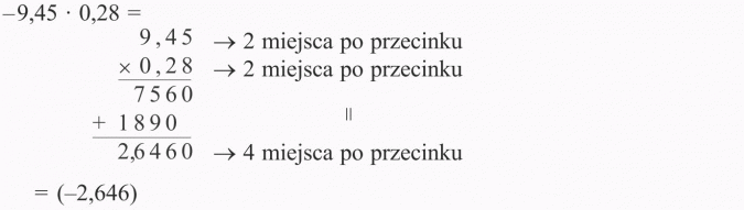 Mnożenie liczb ujemnych. 2 nuehsca po przecinku, 4 miejsca po przecinku.