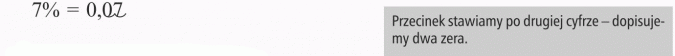 Zamiana procentów na ułamki. Przecinej stawiamy po drugiej cyfrze - dopisujemy dwa zera.