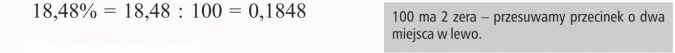 Zamiana procentów na ułamki. 100 ma 2 zera - przesuwamy przecinek o dwa miejsca w lewo.