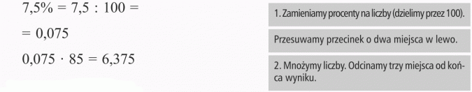 Obliczanie procentu danej liczby. Zamieniamy procenty na liczby (dzielimy przez 100). Przesuwamy przecinek o dwa miejsca w lewo. Mnożymy liczby. Odcinamy trzy miejsca od końca wyniku.