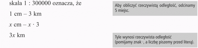 Zapisywanie wyrażeń algebraicznych. Skala 1 : 300000 oznacza, że... Aby obliczyć rzeczywistą odległość, odcinamy 5 miejsc. Tyle wynosi rzeczywista odległość (pomijamy znak x, a liczbę piszemy przed literą).