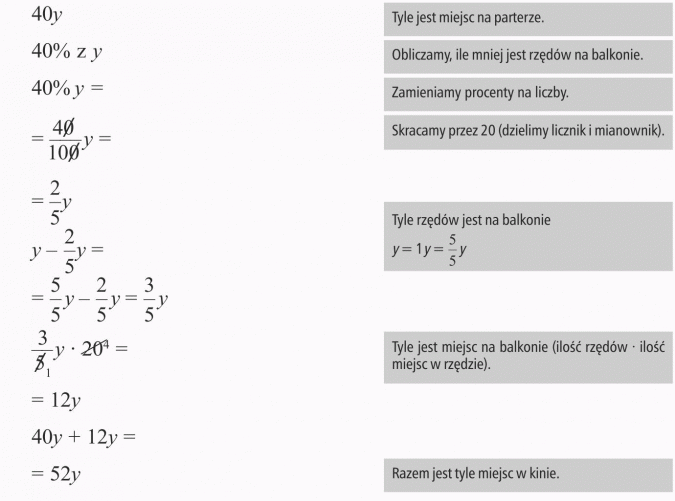 Zapisywanie wyrażeń algebraicznych. Tyle jest miejsc na parterze. Obliczamy, ile mniej jest rzędów na balkonie. Zamieniamy procenty na liczby. skracamy przez 20 (dzielimy licznik i mianownik). Tyle rzędów jest na balkonie. Tyle jest miejsc na balkonie (ilość rzędów x ilość miejsc w rzędzie). Razem jest tyle miejsc w kinie.