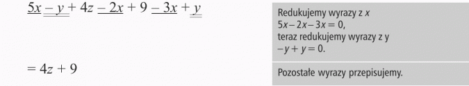Redukcja wyrazów podobnych. Redukujemy wyraz z x. Teraz redukujemy wyrazy z y. Pozostałe wyrazy przepisujemy.