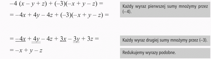 Mnożenie sum algebraicznych przez liczby. Każdy wyraz pierwszej sumy mnożymy przez (-4). Każdy wyraz drugiej sumy mnożymy przez (-3). Redukujemy wyrazy podobne.
