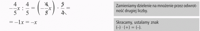 Dzielenie sum algebraicznych przez liczby. Zamieniamy dzielenie na mnożenie przez odwrotność drugiej liczby. Skracamy, ustalamy znak.