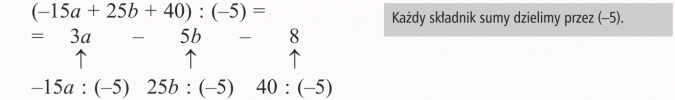 Dzielenie sum algebraicznych przez liczby. Każdy składnik sumy dzielimy przez (-5).