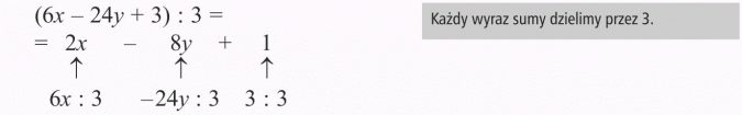 Dzielenie sum algebraicznych przez liczby. Każdy wyraz sumy dzielimy przez 3.