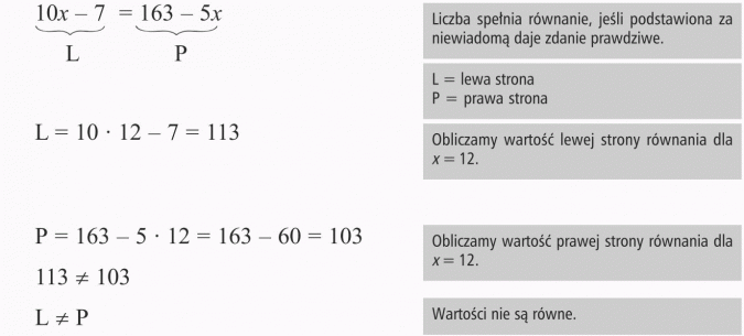 Zapisywanie równań. Liczba spełnia równanie, jeśli podstawiona za niewiadomą daje zdanie prawdziwe. L = lewa strona, P = prawa strona. Obliczamy wartość lewej strony równania dla x = 12. Obliczamy wartość prawej strony równania dla x = 12. Wartości nie są równe.