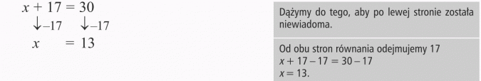Rozwiązywanie równań. Dążymy do tego, aby po lewej stronie została niewiadoma. Od obu stron równania odejmujemy 17.