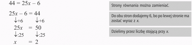 Rozwiązywanie równań. Strony równania można zamieniać. Do obu stron dodajemy 6, bo po lewej stronie ma zostać wyraz z x. Dzielimy przez liczbę stojącą przy x.