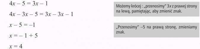 Rozwiązywanie równań. Możemy krócej: przenosimy 3x z prawej strony na lewą, pamiętając, aby zmienić znak. Przenosimy -5 na prawą stronę, zmieniamy znak.