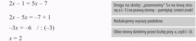 Rozwiązywanie równań. Droga na skróty: przenosimy 5x na lewą stronę a (-1) na prawą stronę - pamiętaj: zmień znak! Redukujemy wyrazy podobne. Obie strony dzielimy przez liczbę przy x, czyli (-3).