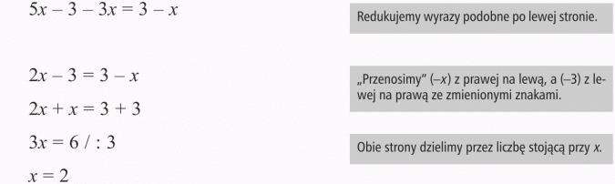 Rozwiązywanie równań. Redukujemy wyrazy podobne po lewej stronie. Przenosimy (-x) z prawej na lewą, a (-3) z lewej na prawą ze zmienionymi znakami. Obie strony dzielimy przez liczbę stojącą przy x.