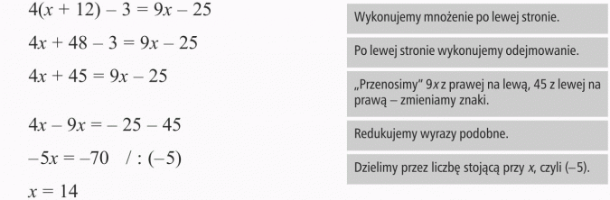Rozwiązywanie równań. Wykonujemy mnożenie po lewej stronie. Po lewej stronie wykonujemy odejmowanie. Przenosimy 9x z prawej na lewą, 45 z lewej na prawą - zmieniamy znaki. Redukujemy wyrazy podobne. Dzielimy przez liczbę stojącą przy x, czyli (-5).