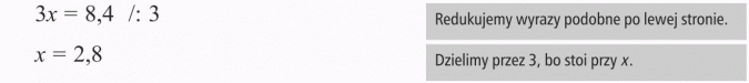 Rozwiązywanie zadań tekstowych. Redukujemy wyrazy podobne po lewej stronie. Dzielimy przez 3, bo stoi przy x.