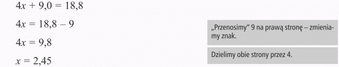 Rozwiązywanie zadań tekstowych. Przenosimy 9 na prawą stronę - zmieniamy znak. Dzielimy obie strony przez 4.