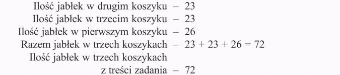 Rozwiązywanie zadań tekstowych. Ilość jabłek w drugim koszyku, ilość jabłek w trzecim koszyku, ilość jabłek w pierwszym koszyku, razem jabłek w trzech koszykach, ilość jabłek w trzech koszykach - z treści zadania.
