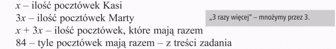 Rozwiązywanie zadań tekstowych. Ilość pocztówek Kasi. Ilość pocztówek Marty. Ilość pocztówek, które mają razem. Tyle pocztówek mają razem - z treści zadania. 3 razy więcej - mnożymy przez 3.