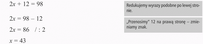 Rozwiązywanie zadań tekstowych. Redukujemy wyrazy podobne po lewej stronie. Przenosimy 12 na prawą stronę - zmieniamy znak.