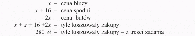 Rozwiązywanie zadań tekstowych. Cena bluzy, cena spodni, cena butów, tyle kosztowaly zakupy z treści zadania.