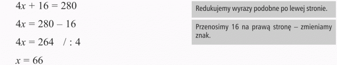 Rozwiązywanie zadań tekstowych. Redukujemy wyrazy podobne po lewej stronie. Przenosimy 16 na prawą stronę - zmieniamy znak.