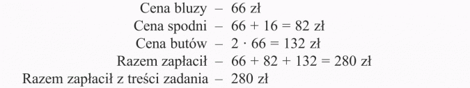 Rozwiązywanie zadań tekstowych. Cena bluzy, cena spodni, cena butów, razem zapłacił z treści zadania.