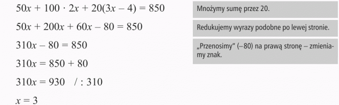 Rozwiązywanie zadań tekstowych. Mnożymy sumę przez 20. Redukujemy wyrazy podobne po lewej stronie. Przenosimy (-80) na prawą stronę - zmieniamy znak.