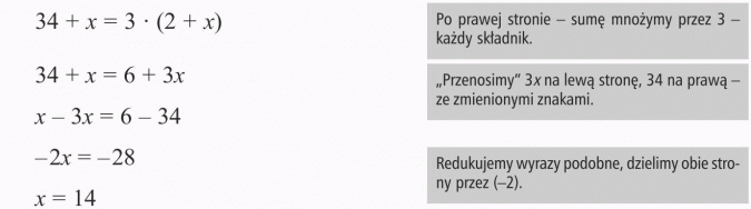 Rozwiązywanie zadań tekstowych. Po prawej stronie - sumę mnożymy przez 3 - każdy składnik. Przenosimy 3x na lewą stronę, 34 na prawą - ze zmienionymi znakami. Redukujemy wyrazy podobne, dzielimy obie strony przez (-2).