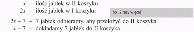 Rozwiązywanie zadań tekstowych. Ilość jabłek w II koszyku, ilość jabek w I koszyku (bo 2 razy więcej). 7 jabłek odbieramy, aby przełożyć do II koszyka, dokładamy 7 jabłek do II koszyka.