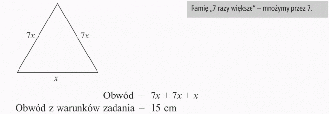 Rozwiązywanie zadań tekstowych. Ramię 7 razy większe - mnożymy przez 7. Obwód z warunków zadania.