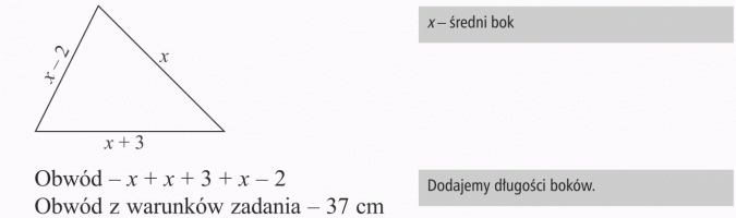 Rozwiązywanie zadań tekstowych. Obwód z warunków zadania, średni bok. Dodajemy długości boków.