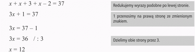 Rozwiązywanie zadań tekstowych. Redukujemy wyrazy podobne po lewej stronie. 1 przenosimy na prawą stronę ze zmienionym znakiem. Dzielimy obie strony przez 3.